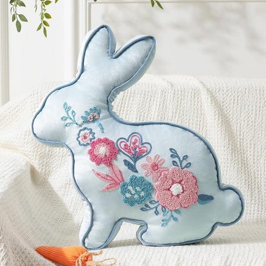 Phantoscope Happy Easter Bunny Shaped Throw Pillow, Embroidered Floral Patterns Cushion Soft Velvet Easter Rabbit Decorative Pillow for Couch Living Room Bed, Blue,18.5 x 13 inches