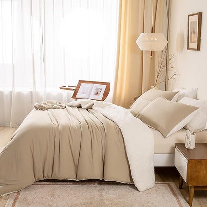 Ultra-Soft Sherpa Fleece Warm Twin/Twin XL Bed Down Alternative Comforter Set with 1 Pillowsham for Child Kid Dorm - Beige and White Fluffy Surface for Cozy Autumn Winter Christmas Nights