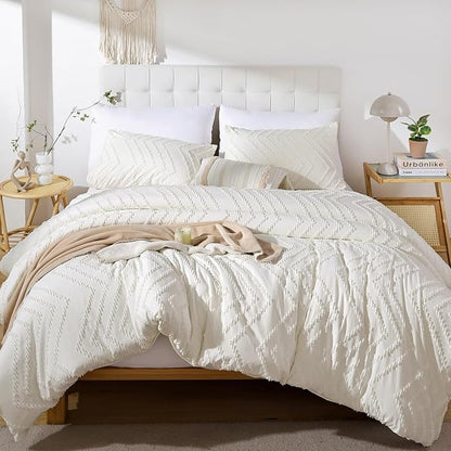 YIRDDEO Ivory White Full Comforter Set 3Pcs, Boho Full Size Bedding Set, Vertical Tufted Bed Set, Lightweight Neutral Bedroom Set (1 Comforter 2 Pillowcase)
