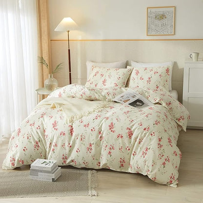 mixinni 3 Pieces Full Comforter Set, Boho Red Floral Printed Bed Comforter, Soft Fluffy Cottagecore Garden Style Flower and Green Leaf Bedding Set with 2 Pillowcases-Full Size