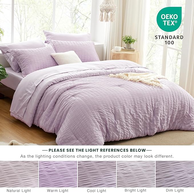 Love's cabin Seersucker Lavender California King Comforter Set, 7-Piece All Season Lightweight Bed in a Bag Bedding Set with Comforter, Flat Sheet, Fitted Sheet, Pillowcases and Shams | Soft, Breathable, Lightweight