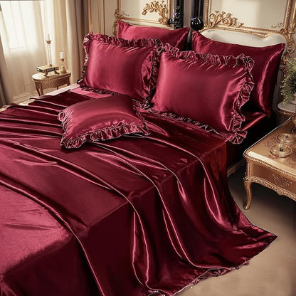 Silk Like Satin Comforter Set with Sheet Set Queen 8 Pcs Burgundy Satin Bedding Set Silky Ruffle Pattern Home Deocr Luxury Hotel Silky Bed in a Bag with 1 Cushion Cover