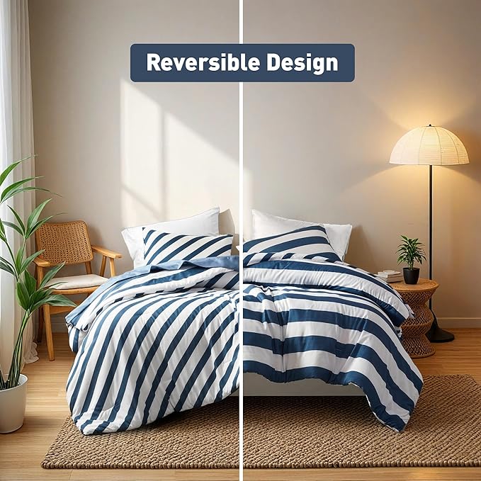 Reversible Striped Queen Comforter Set, Soft Microfiber Bedding Set with Double-Sided Stripes Design, Warm & Cozy for All-Seasons, 3-Piece Comforter and Shams Set Queen Size, Navy