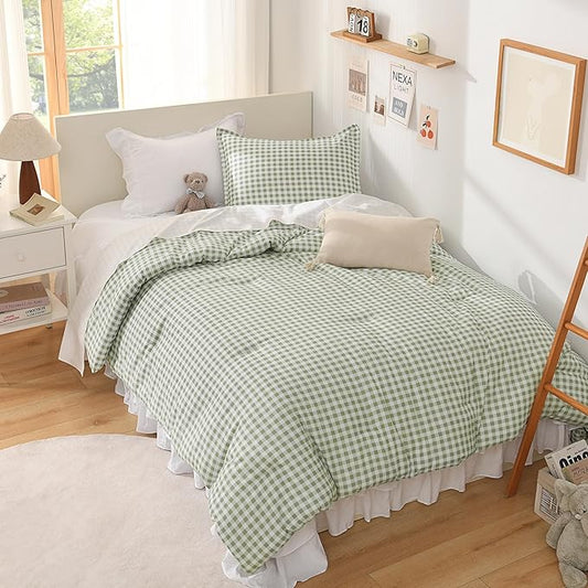 Andency Sage Gingham Comforter Set Full(79x90Inch), Green Checkered Grid Plaid Buffalo Bed Set for Girls Boys Kids Teens, 3 Pieces Lightweight Microfiber Geometric Preppy Bedding