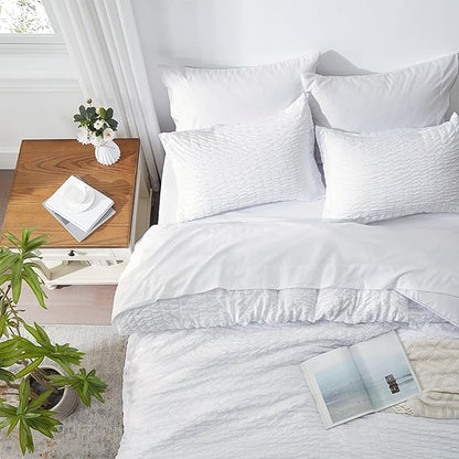 Zzlpp Queen Comforter Set 7 Pieces, White Seersucker Bed in a Bag with Comforter, Pillow Shams, Pillowcases, Flat Sheet, Fitted Sheet
