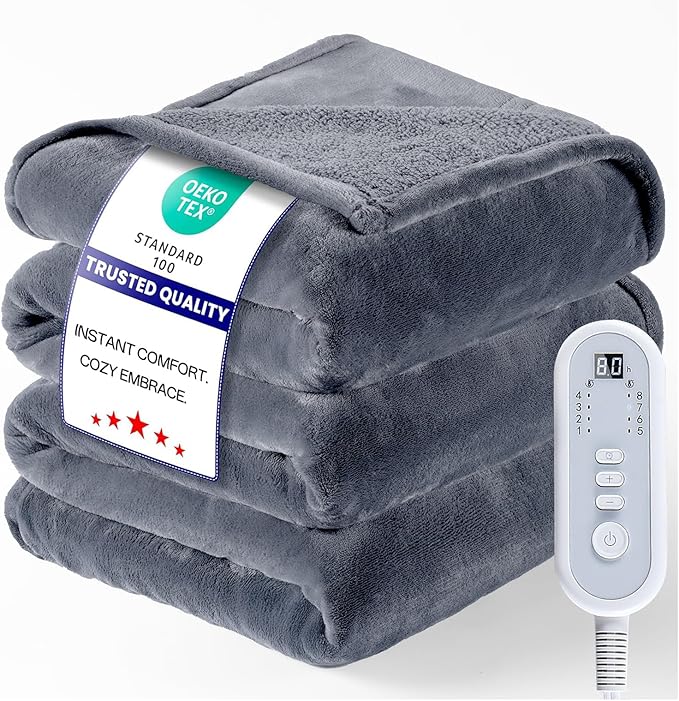 Full Size Electric Blanket Heated, Double-Sided Flannel＆Sherpa Heated Blanket with 8 Heat Levels & 10 Hours Auto Off, Fast Heating Blankets Machine Washable with ETL & FCC Certified,Light Grey