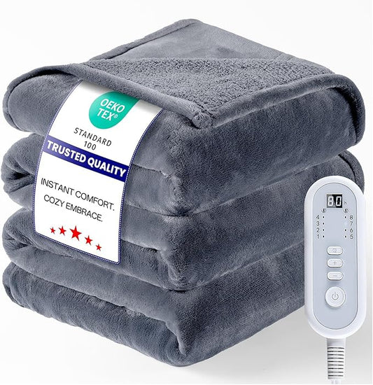 Full Size Electric Blanket Heated, Double-Sided Flannel＆Sherpa Heated Blanket with 8 Heat Levels & 10 Hours Auto Off, Fast Heating Blankets Machine Washable with ETL & FCC Certified,Light Grey