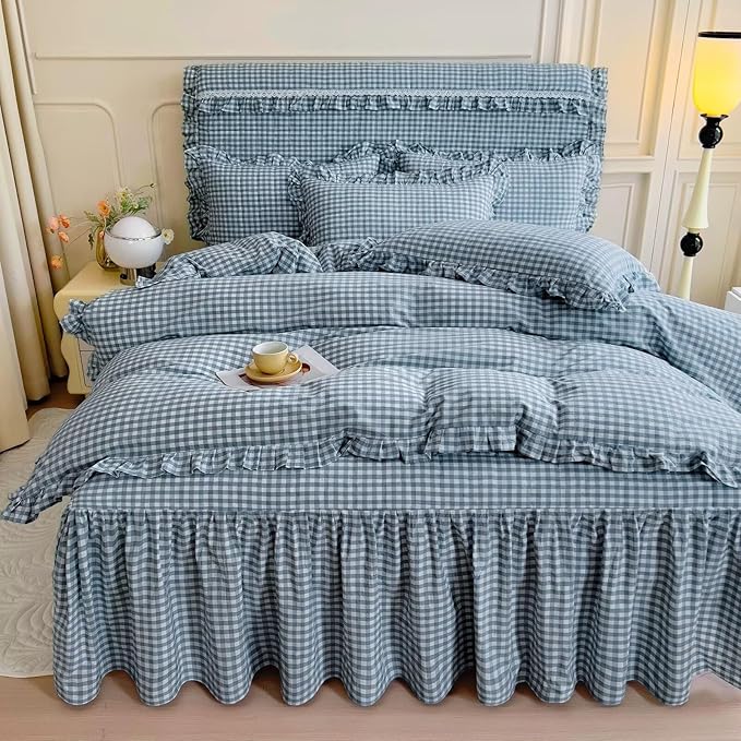 mixinni Vintage Blue Gingham Ruffle Comforter Set 3-Piece Washed Cotton Twin XL Size Grid Bedding Set with Geometric Checkered Pattern, Farmhouse Chic Soft Fluffy Comforter for All-Season