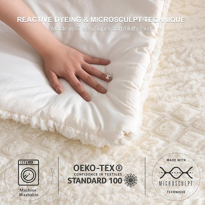 COTTEBED Sherpa Fluffy Comforter Sets KING Size Bed, Boho Tufted Cal KING Bedding Down Comforter, Lightweight Super Soft Reversible Washed Cotton Shabby Plush Fleece Sherpa All Season, Off White Ivory