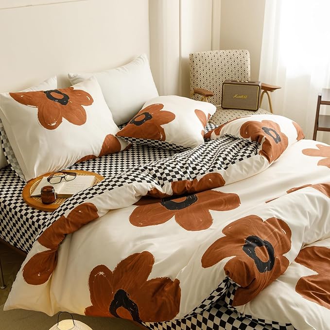 Cottonight Pumpkin Sunflower Comforter Set Brown Cal King Women Girls Beige and Brown Floral Bedding Comforter Set Botanical Flowers Blanket Quilts Soft Breathable Chic Comforter