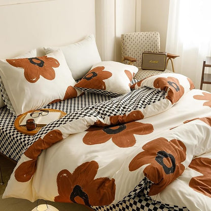 Cottonight Pumpkin Sunflower Comforter Set Brown Cal King Women Girls Beige and Brown Floral Bedding Comforter Set Botanical Flowers Blanket Quilts Soft Breathable Chic Comforter