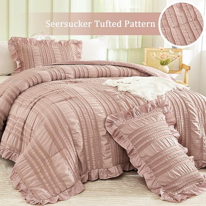 WONGS BEDDING Pink Comforter Set Queen,3 Pieces Ruffle Farmhouse Shabby Chic Boho Comforter for Queen Bed,Soft Seersucker Textured Bedding Set with 1 Ruffle Comforter,2 Tufted Pillowcases 90"×90"