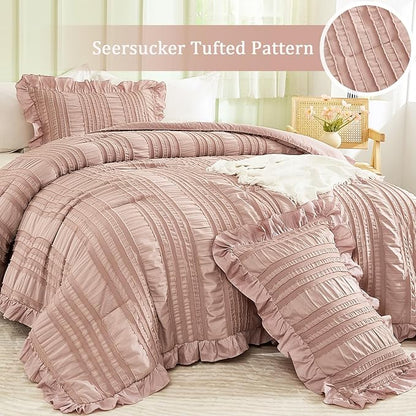 WONGS BEDDING Pink Comforter Set Queen,3 Pieces Ruffle Farmhouse Shabby Chic Boho Comforter for Queen Bed,Soft Seersucker Textured Bedding Set with 1 Ruffle Comforter,2 Tufted Pillowcases 90"×90"