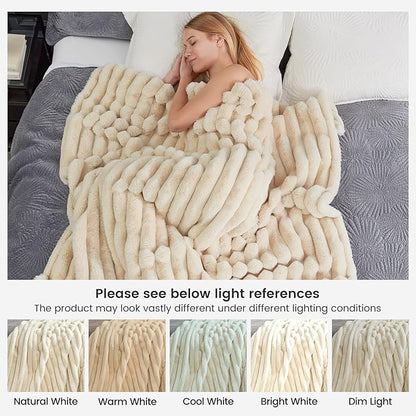 Cozy Bliss Faux Fur Throw Blanket for Couch, Cozy Warm Plush Striped Blanket for Sofa Bedroom Living Room, 50 * 60 Inches Beige