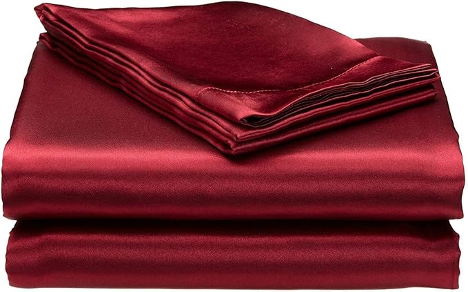 100% Pure Silk Satin Sheet Set, Queen Size, Burgundy: 4pcs (Fitted Sheet, Flat Sheet, 2X Pillowcases), 15" Deep Pocket, Cool Soft, Wrinkle Free, Fade Resistant