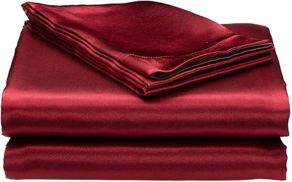 100% Pure Silk Satin Sheet Set, Queen Size, Burgundy: 4pcs (Fitted Sheet, Flat Sheet, 2X Pillowcases), 15" Deep Pocket, Cool Soft, Wrinkle Free, Fade Resistant