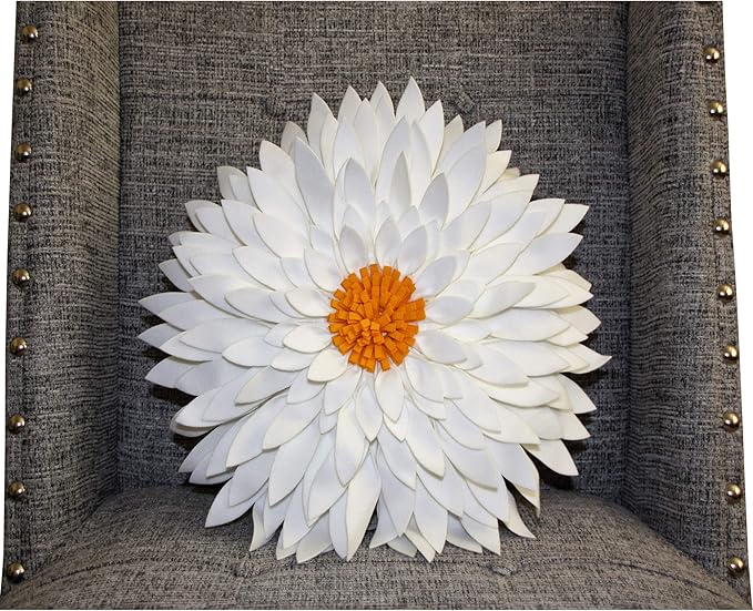 3D Daisy Flower Decorative Pillow - Sunflower Throw for Couch & Bed - Shaped Cushion (14.5" Flower, 13" With Insert, Ivory/Gold)