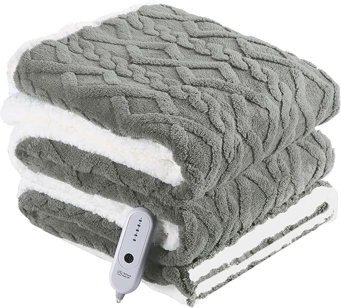 Electric Heated Blanket Twin Size 62" x 84" - Fluffy Ultra Soft Electric Blanket with 3D Stylish Design, 240g Plus 200g Sherpa, 5 Fast Heating Levels & 10 Hours Auto Off, Machine Washable, Gray