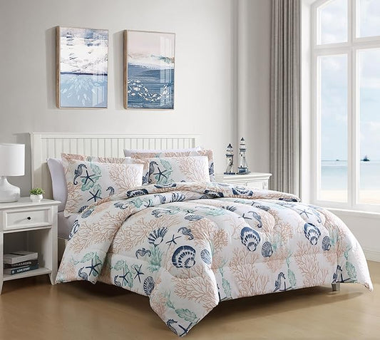 Caribbean Joe Full/Queen 3-Piece Comforter Set, Tropical Coastal Beach Design Bedding, Seahorse Swimming