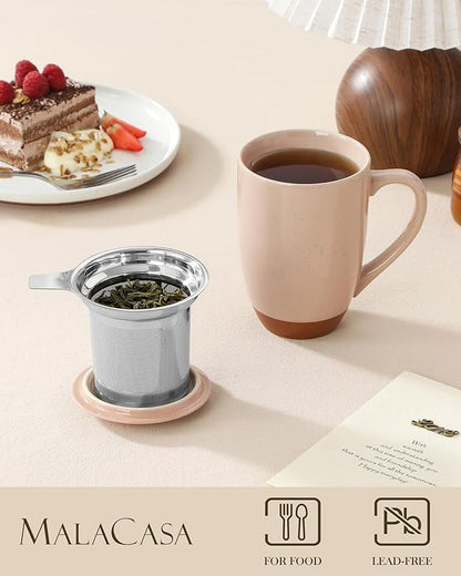 MALACASA Ceramic Tea Mug with Lid and Stainless Steel Infuser, 18 oz Large Tea Cup for Loose Leaf Tea, Heat-Resistant, Microwave & Dishwasher Safe, Speckled Glaze Coffee & Tea Brewer Mug, Khaki Pink