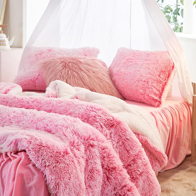Joyreap 3-Piece Plush Shaggy Comforter Set, Full/Queen Size Luxury Faux Fur Sherpa Reversible Bedding Comforter Set, Ultra Cozy Warm Fluffy Bedding Set for Winter (Pink n White, 88x88 inches)