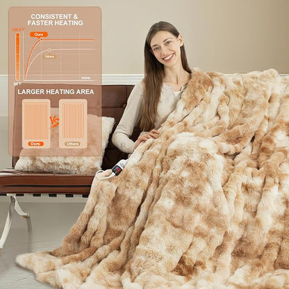 Faux Fur Heated Throw Blanket for Couch - 50"X60" Bubble Faux Fur Electric Blanket Fluffy Fuzzy Soft Thick with 6 Fast Heating Levels & 4 hrs Timer Settings, Washable & ETL Certified, Tie-Dye Beige