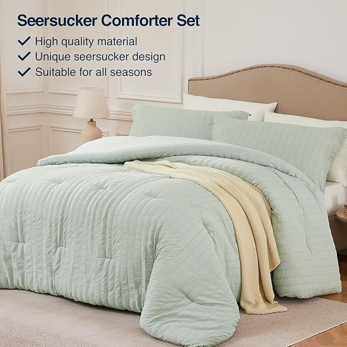 Sagegreen Full Comforter Set - 3 Pieces Seersucker Lightweight Bedding Comforter Sets (1 Soft Fluffy Comforter & 2 Pillowcases) - All Seasons Cozy Farmhouse Bed Sets for Women Men