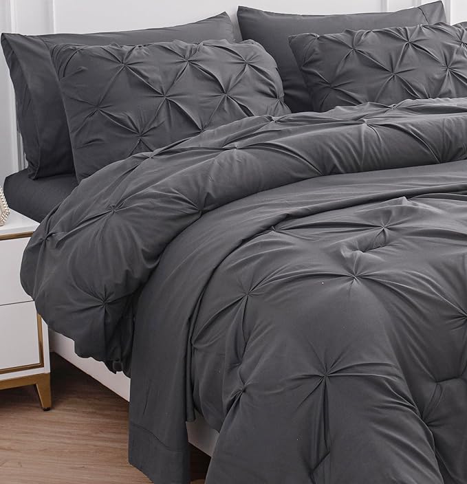 California King Size Comforter Set of 7 PCs - Hotel Quality Cal King Bedding Set - Premium Soft-Touch Microfiber Pintuck Stitch Comforter Bed in a Bag - All-Season Warmth with Easy-Care Fabric - Grey | Generous size, Even coverage, Light all season, Ea...