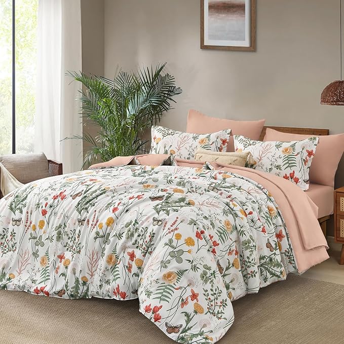 Yiran 7 Piece Floral Comforter Set Queen Size, Pink Green Summer Comforter Bedding Set, Botanical Bed in a Bag with Flowers Pattern, Soft Microfiber Complete Bedding Set with Sheets for All Season