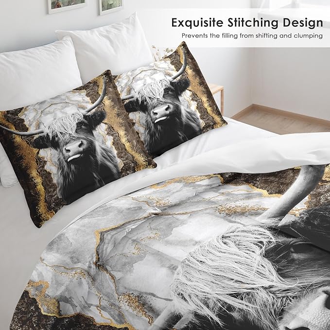 Comforter Set Full Size, Highland Cow Bull 3 Pcs Soft Bedding Set for Kids and Adults, Animal Farm Marble Comforter Set with 2 Pillowcases, for Bedroom Bed Decor