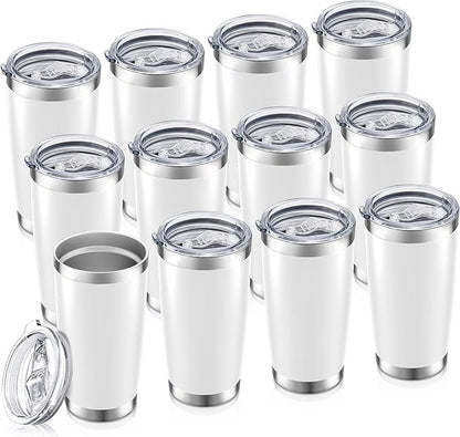20 oz Tumbler Bulk with Lid Stainless Steel Insulated Tumblers Double Wall Vacuum Coffee Mug Powder Coated Tumbler Cups for Cold and Hot Drinks, White, 12 pack