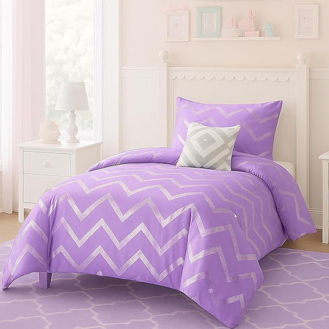 Codi Twin XL Bedding Set - Cute Purple Bed Set, Metallc Print Comforter - 3 Piece Sets for Girls, Includes 1 Comforter, 1 Decorative Pillow, and 1 Pillow Case - All Season, Lightweight and Warm