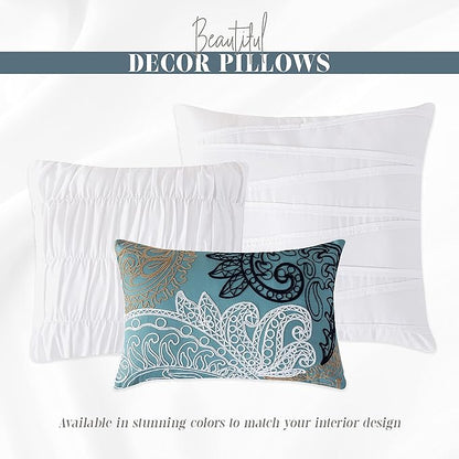 Elegant Comfort 12-Piece Bed-in-a-Bag, Ella Pleated Ruched Pintuck Comforter Set, 6-Piece Sheet Set Featuring Smart Pockets, Matching Decorative Pillows, All Season Bedding, Full, White