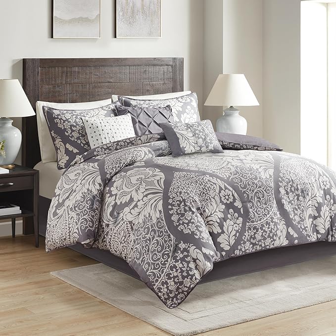 Madison Park Vienna Sateen Cotton Comforter Set, Breathable, Soft Cover, Trendy, All Season Down Alternative Cozy Bedding with Matching Shams, California King, Grey 7 Piece
