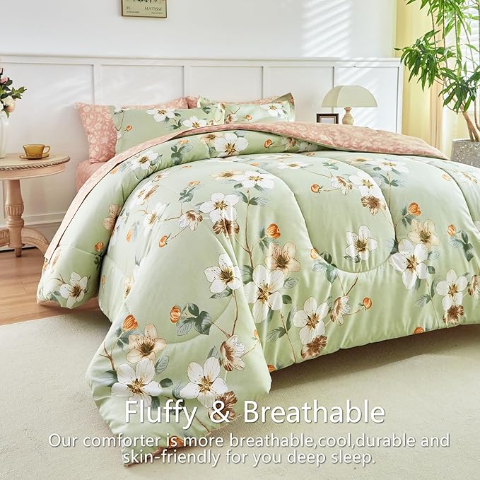 AIKASY 6 Piece Floral Comforter Set Twin Size - Soft Microfiber Bed in a Bag with Sheet Set for All Seasons - Green Flower Botanical Design - Reversible Bedding Set