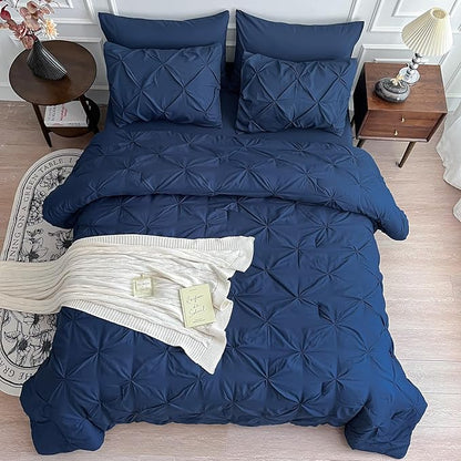 Maple&Stone Full Size Comforter Sets, 7 Pieces Bedding Sets Full, Pintuck Bed in a Bag Bed Set with Comforter, Sheets, Pillowcases & Shams - Navy
