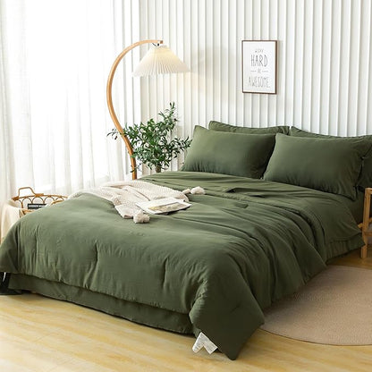 COTTEBED Ultra-Soft Full Size Sheet Sets with Comforter - All Season Use 5 Piece Bed in a Bag, Aesthetic Boho Washed PolyCotton Full Comforter and Bedding Fitted Sheet Set Pillowcase, Dark Olive Green