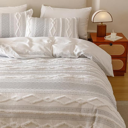 KAREVER Ivory Black Boho Comforter Set Full Mixed Textures Jacquard Bedding Set Durable Chic and Stylish Bedroom Set