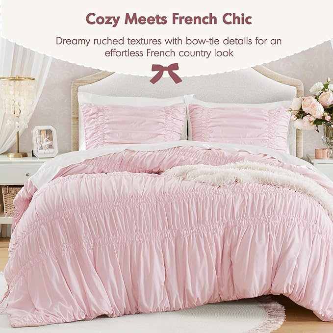 Intelligent Design King Comforter Set Ruched Shabby Chic Comforters for King Size Bed, All Season Lightweight Comforter King, French Country Bedding Set, Shams, Ella, King/Cal King, Pink 3 Piece