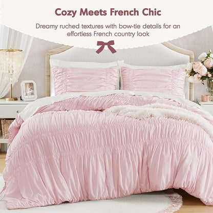 Intelligent Design Queen Comforter Set Ruched Shabby Chic Comforters for Queen Size Bed, All Season Lightweight Comforter Queen, French Country Bedding Set, Shams, Ella, Full/Queen, Pink 3 Piece