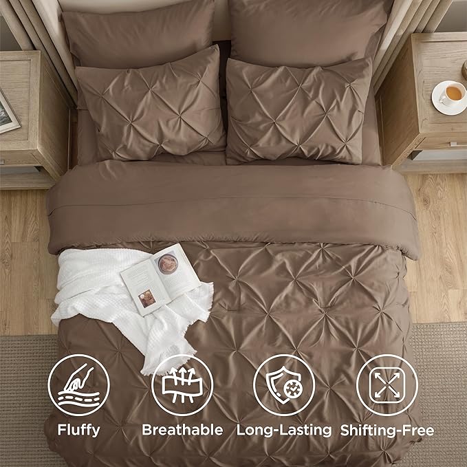 Bedsure Twin Comforter Set Brown - Bed in a Bag Twin Size Bedding 5 Pieces, GentleSoft™ Pintuck Bed Set Gift for Family, Pinch Pleat Brown Comforter with Sheets, Pillowcase & Sham