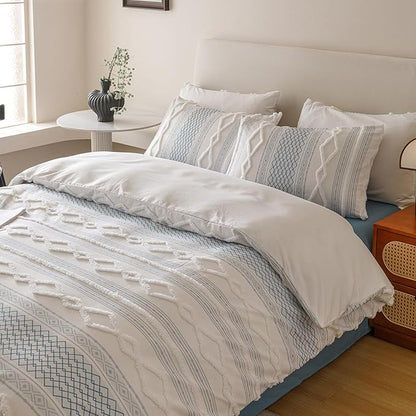 KAREVER Ivory Blue Boho Comforter Set Queen Mixed Textures Jacquard Bedding Set Durable Chic and Stylish Bedroom Set