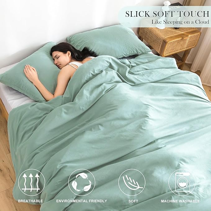 COTTEBED Ultra-Soft Sage Green Comforter Sets for Queen Bed - Light Weight All Season Solid Fluffy Washed Cotton Full Size Bedding Down Alternative Comforters Pillow Sham, Forest Sage Green Full/Queen