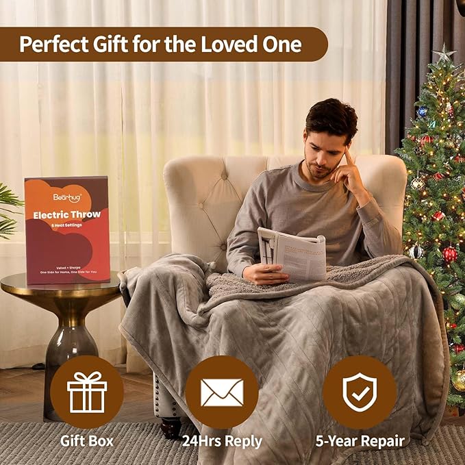 Bearhug Electric Blanket Twin Size 62" x 84", Velvet & Sherpa Heated Blanket, 5-Year Warranty, 10 Heating Levels & 1-12H Auto Off, Over-Heat Protect, ETL Certification, Machine Washable