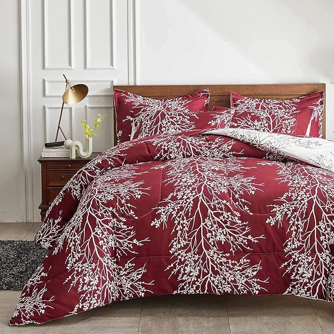 Christmas Bed in a Bag Burgundy Red Comforter Sheet Set 7 Pieces Queen Size All Season Tree Branch Soft Microfiber Bedding Set (1 Comforter 2 Pillow Shams 1 Flat Sheet 1 Fitted Sheet 2 Pillowcases)