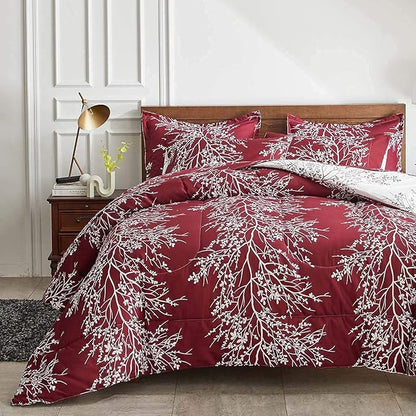 Christmas Bed in a Bag Burgundy Red Comforter Sheet Set 7 Pieces Queen Size All Season Tree Branch Soft Microfiber Bedding Set (1 Comforter 2 Pillow Shams 1 Flat Sheet 1 Fitted Sheet 2 Pillowcases)