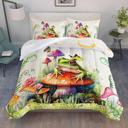 Frog Comforter Set King Size,Botanica Mushroom 3 Piece Bedding Set for Kids,Cartoon Comforter for Room Decor Cute Decor Beige Red Duvet Set King Size 3Pcs Quilt Set