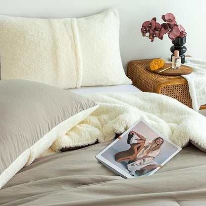 COTTEBED Reversible Sherpa Bed Comforter Queen Set - Lightweight But Warmth Softness Shabby Comforter Set for Full Size Bedding, 3 Piece Fluffy Western Farmhouse Down Comforter Winter, Beige and White