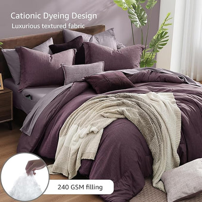 Monbix Super King Size Comforter Set, Italian Plum Bedding Set Reversible, Comforter Set 7 Pieces, Cationic Dyeing Bed in a Bag with Comforter, Sheets, Pillowcases & Shams