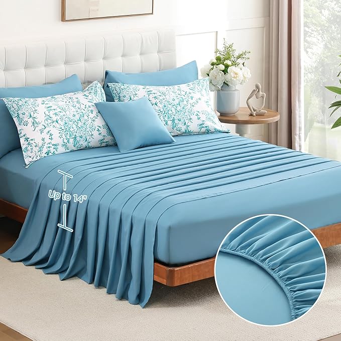 WONGS BEDDING Queen Size Comforter Set, 8 Pieces Teal Floral Bed in a Bag Comferter Sets, Botanical Print Soft Fluffy Microfiber Complete Bedding Sets for All Season (90"x90")